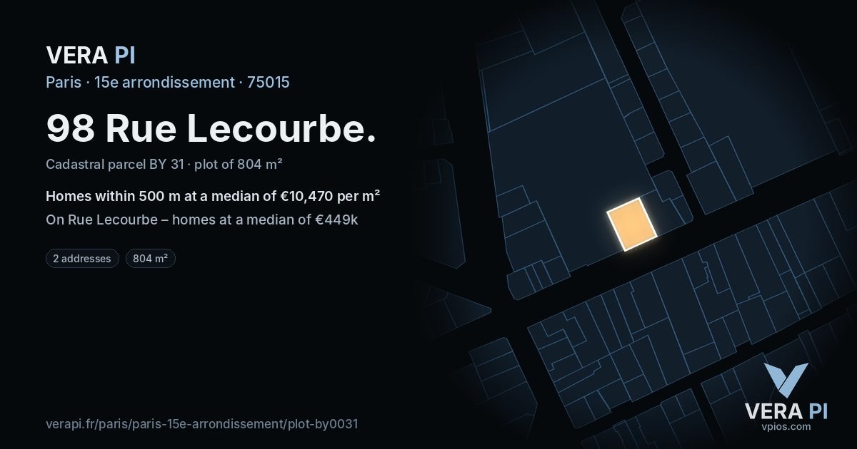 98 Rue Lecourbe, 15e arrondissement at night – the plot lit, the parcels around coloured by the prices near them