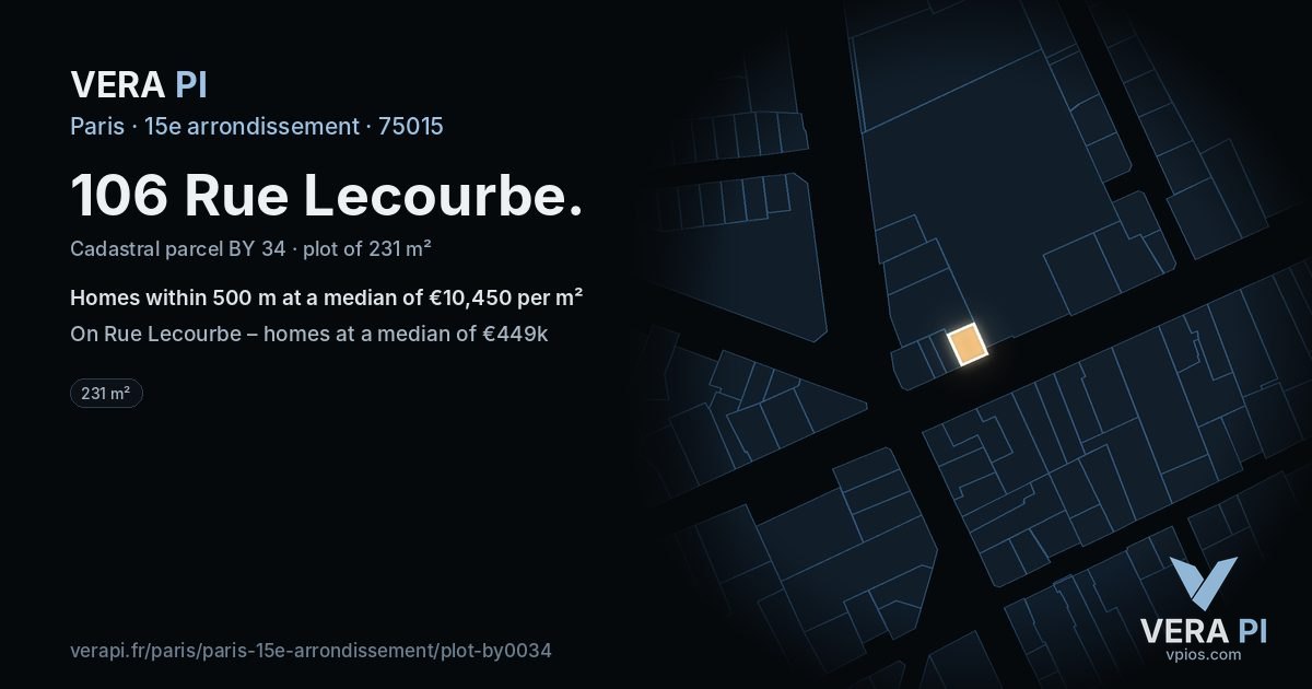 106 Rue Lecourbe, 15e arrondissement at night – the plot lit, the parcels around coloured by the prices near them