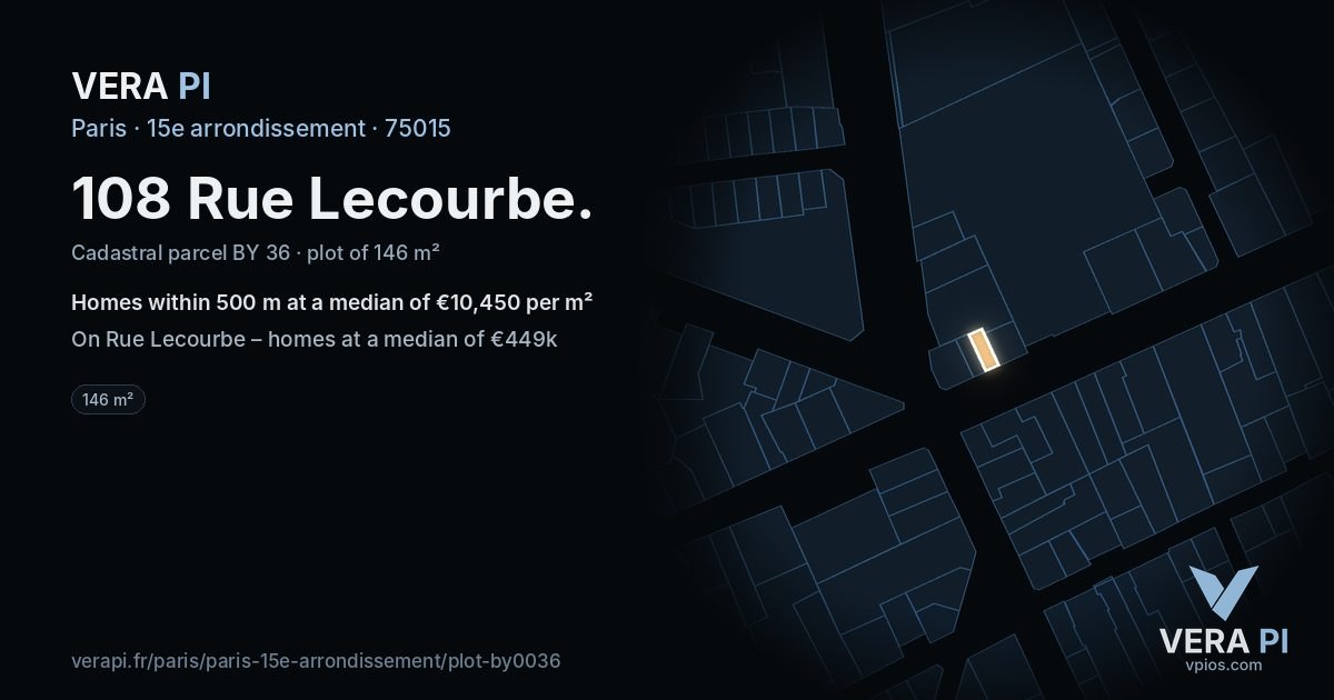 108 Rue Lecourbe, 15e arrondissement at night – the plot lit, the parcels around coloured by the prices near them