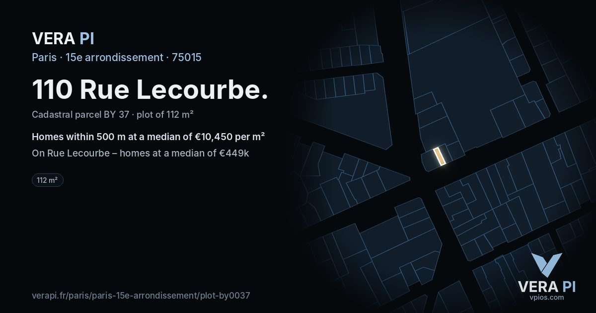 110 Rue Lecourbe, 15e arrondissement at night – the plot lit, the parcels around coloured by the prices near them