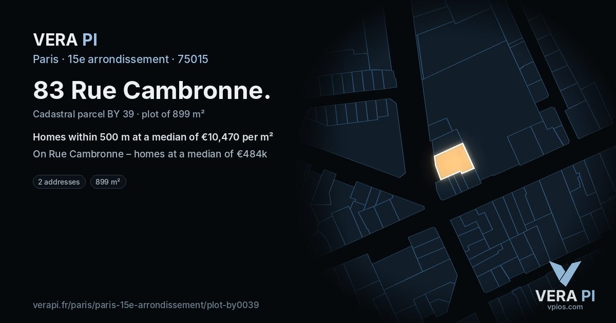 83 Rue Cambronne, 15e arrondissement at night – the plot lit, the parcels around coloured by the prices near them