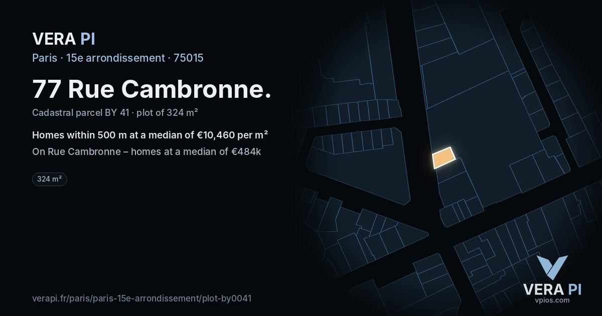 77 Rue Cambronne, 15e arrondissement at night – the plot lit, the parcels around coloured by the prices near them