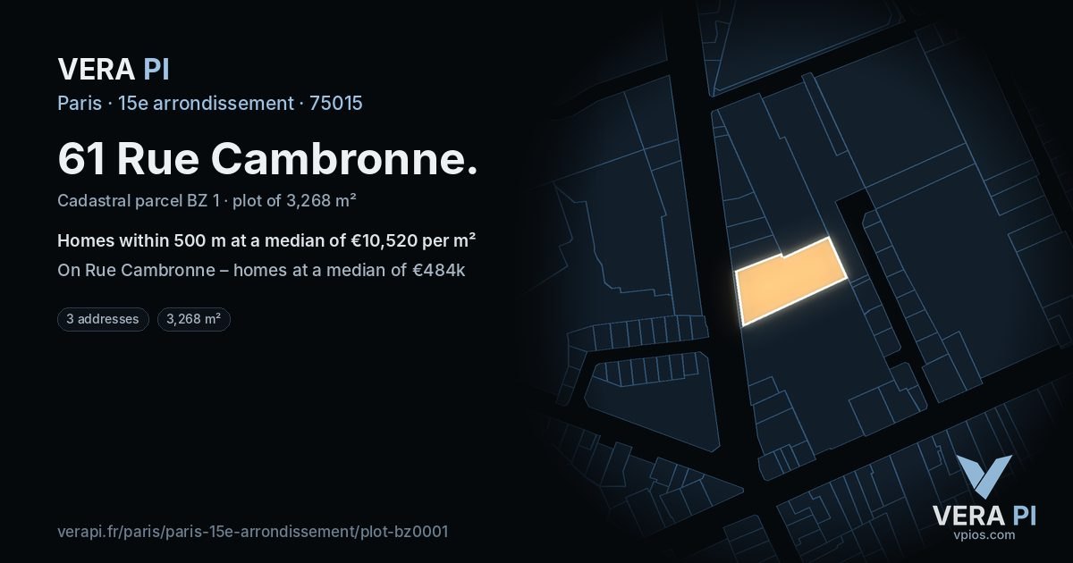 61 Rue Cambronne, 15e arrondissement at night – the plot lit, the parcels around coloured by the prices near them