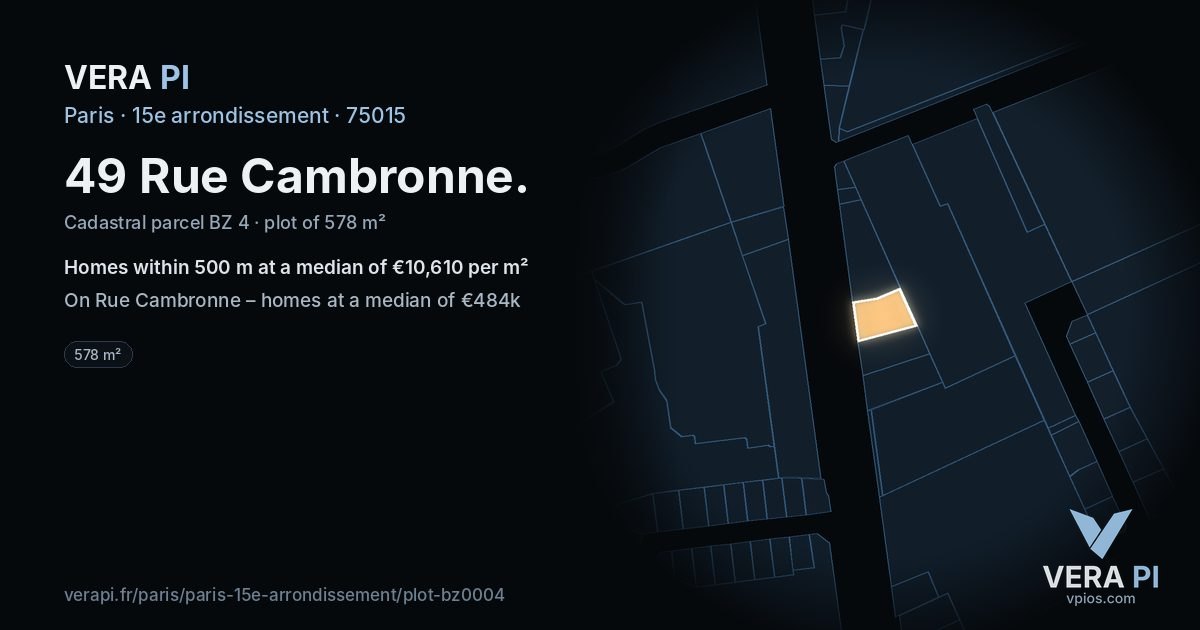 49 Rue Cambronne, 15e arrondissement at night – the plot lit, the parcels around coloured by the prices near them