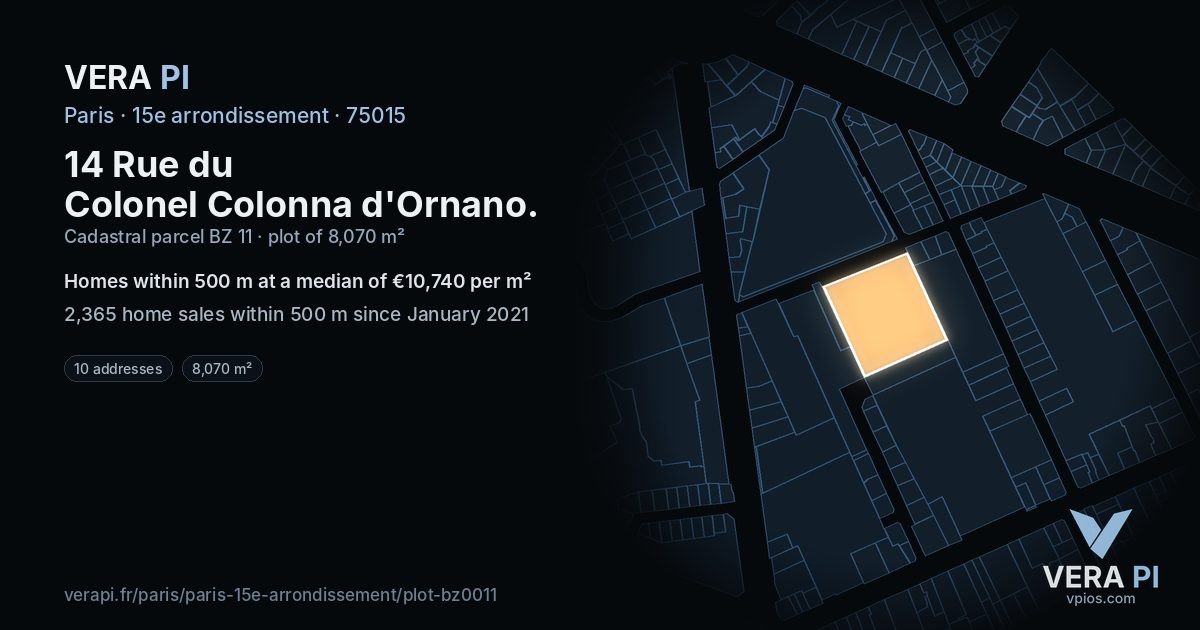 14 Rue du Colonel Colonna d'Ornano, 15e arrondissement at night – the plot lit, the parcels around coloured by the prices near them