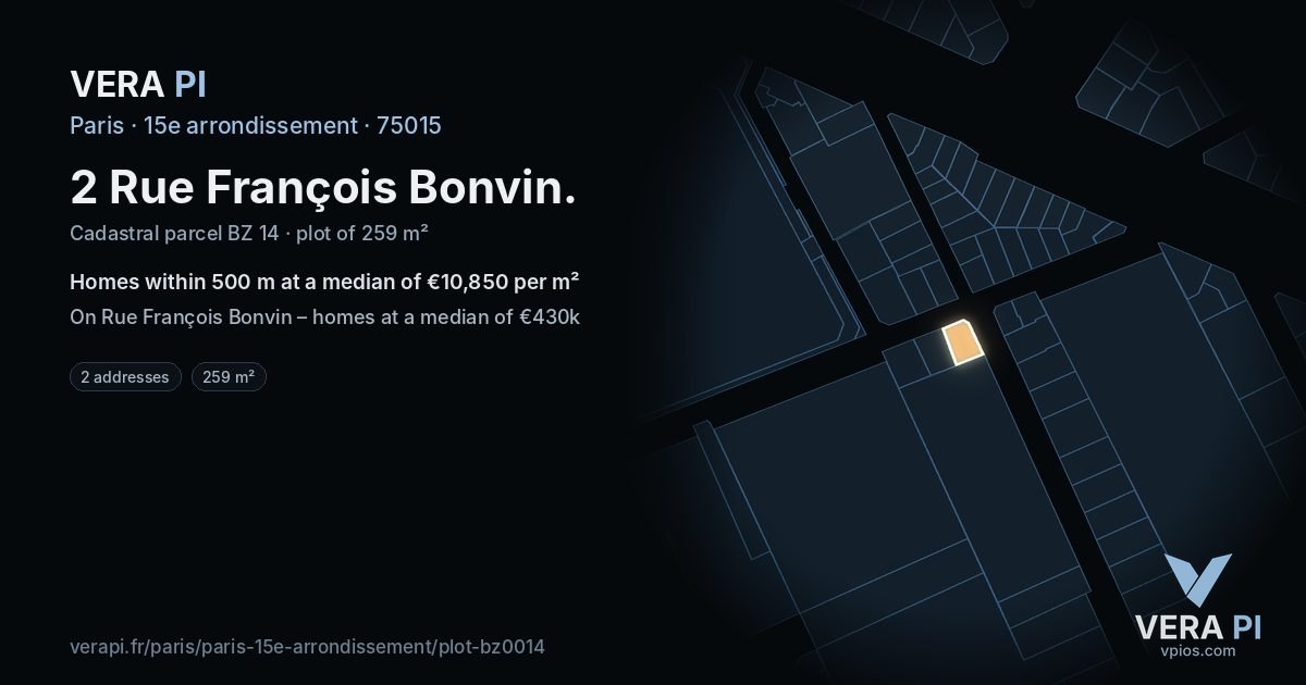2 Rue François Bonvin, 15e arrondissement at night – the plot lit, the parcels around coloured by the prices near them