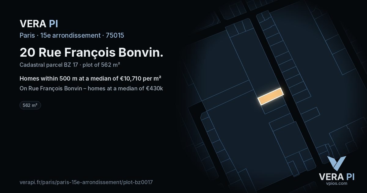 20 Rue François Bonvin, 15e arrondissement at night – the plot lit, the parcels around coloured by the prices near them