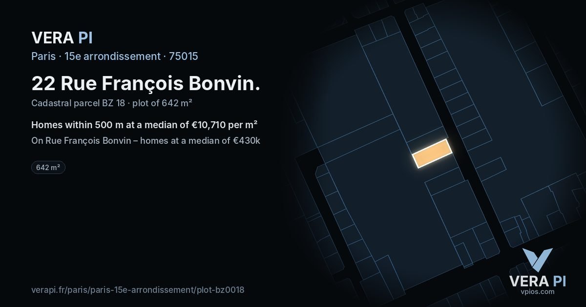 22 Rue François Bonvin, 15e arrondissement at night – the plot lit, the parcels around coloured by the prices near them