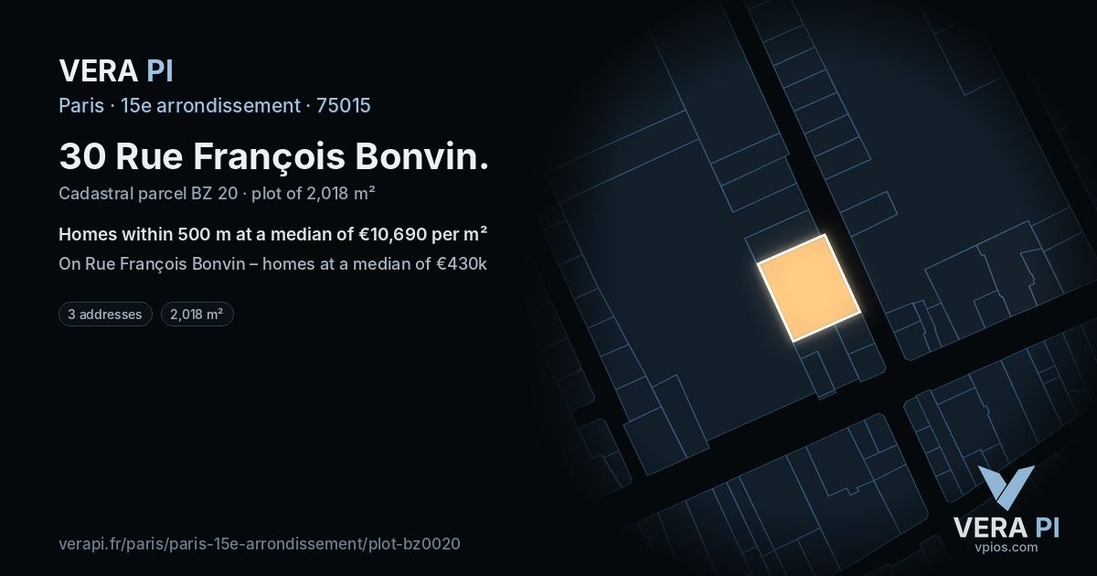 30 Rue François Bonvin, 15e arrondissement at night – the plot lit, the parcels around coloured by the prices near them
