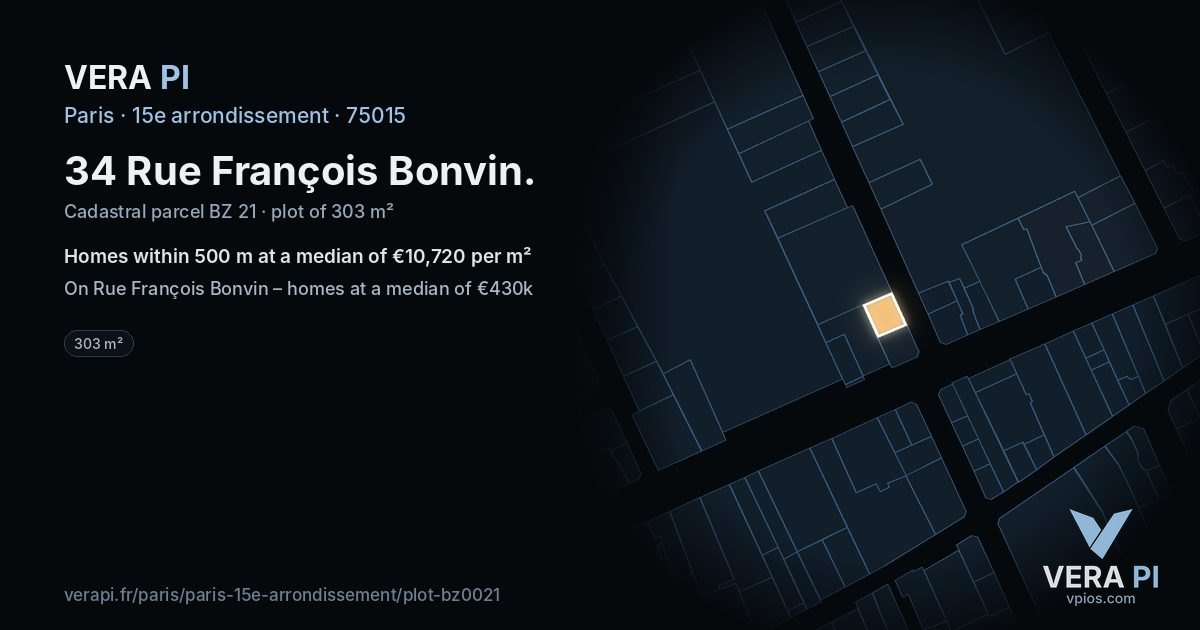 34 Rue François Bonvin, 15e arrondissement at night – the plot lit, the parcels around coloured by the prices near them