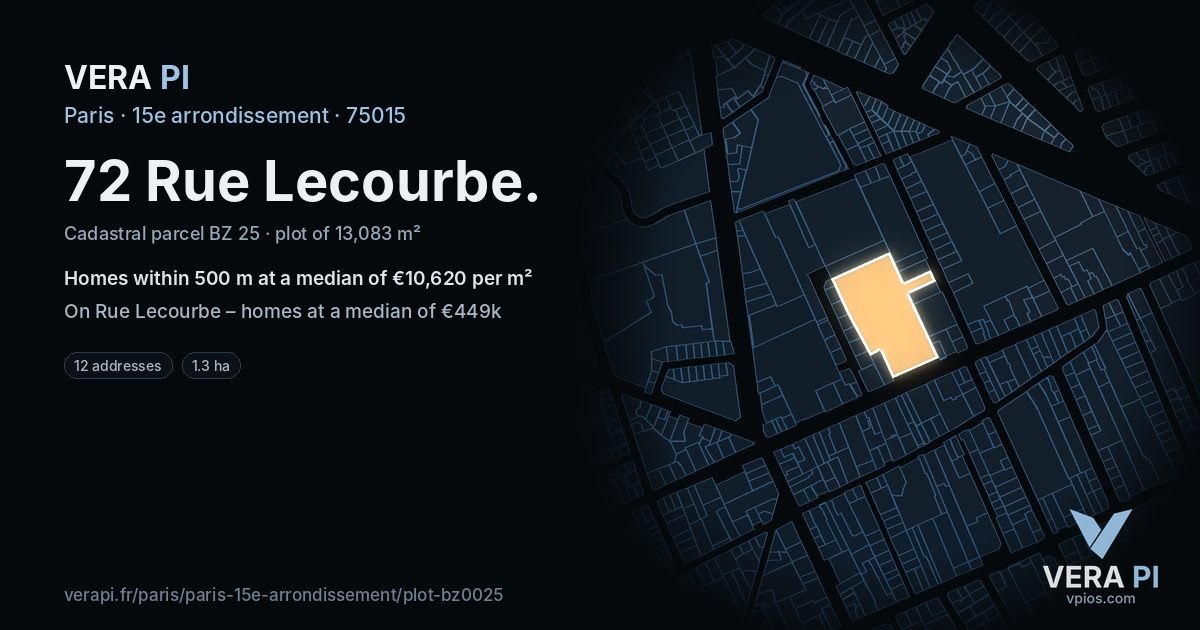 72 Rue Lecourbe, 15e arrondissement at night – the plot lit, the parcels around coloured by the prices near them