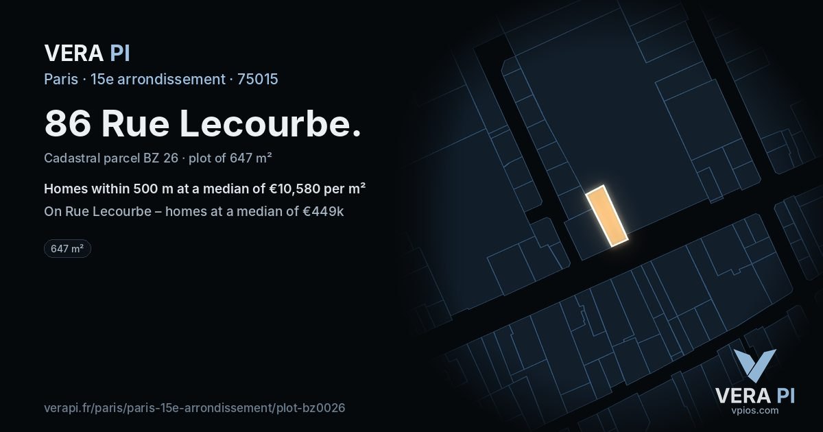 86 Rue Lecourbe, 15e arrondissement at night – the plot lit, the parcels around coloured by the prices near them