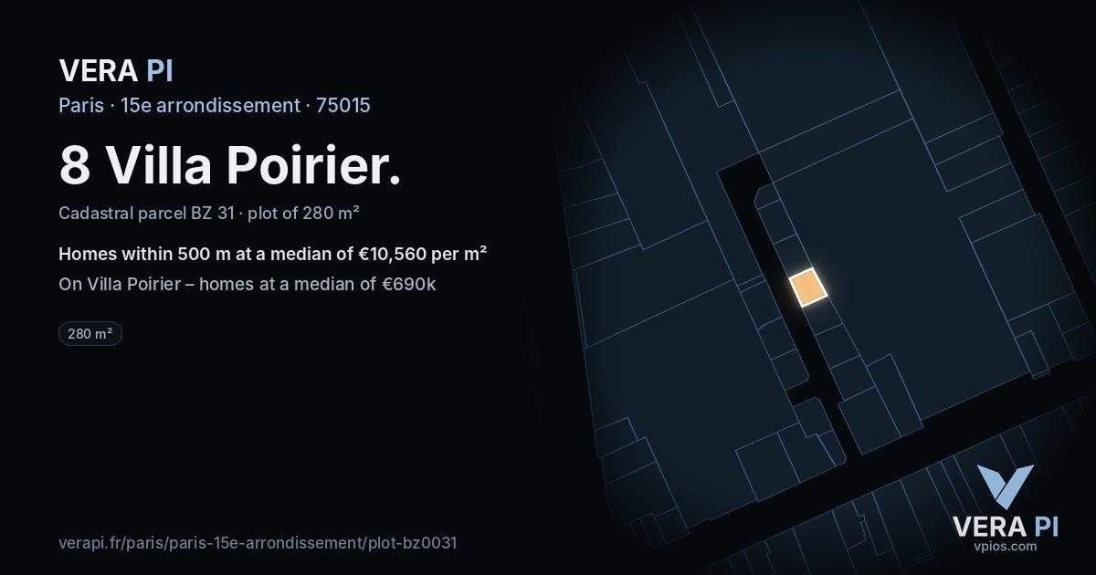 8 Villa Poirier, 15e arrondissement at night – the plot lit, the parcels around coloured by the prices near them