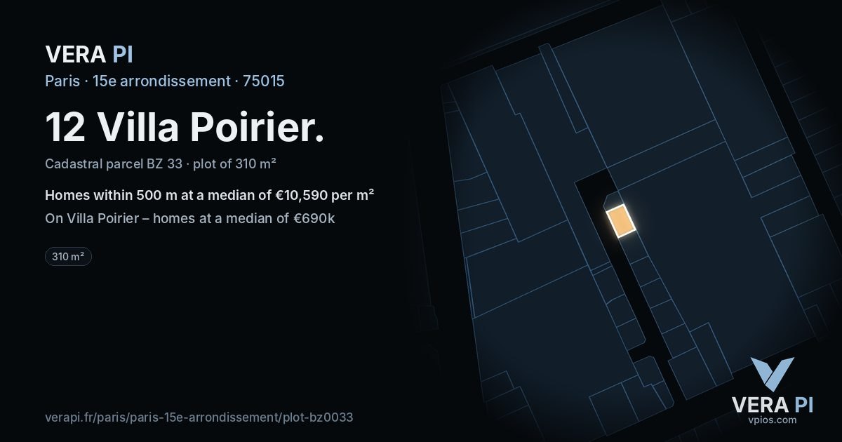 12 Villa Poirier, 15e arrondissement at night – the plot lit, the parcels around coloured by the prices near them