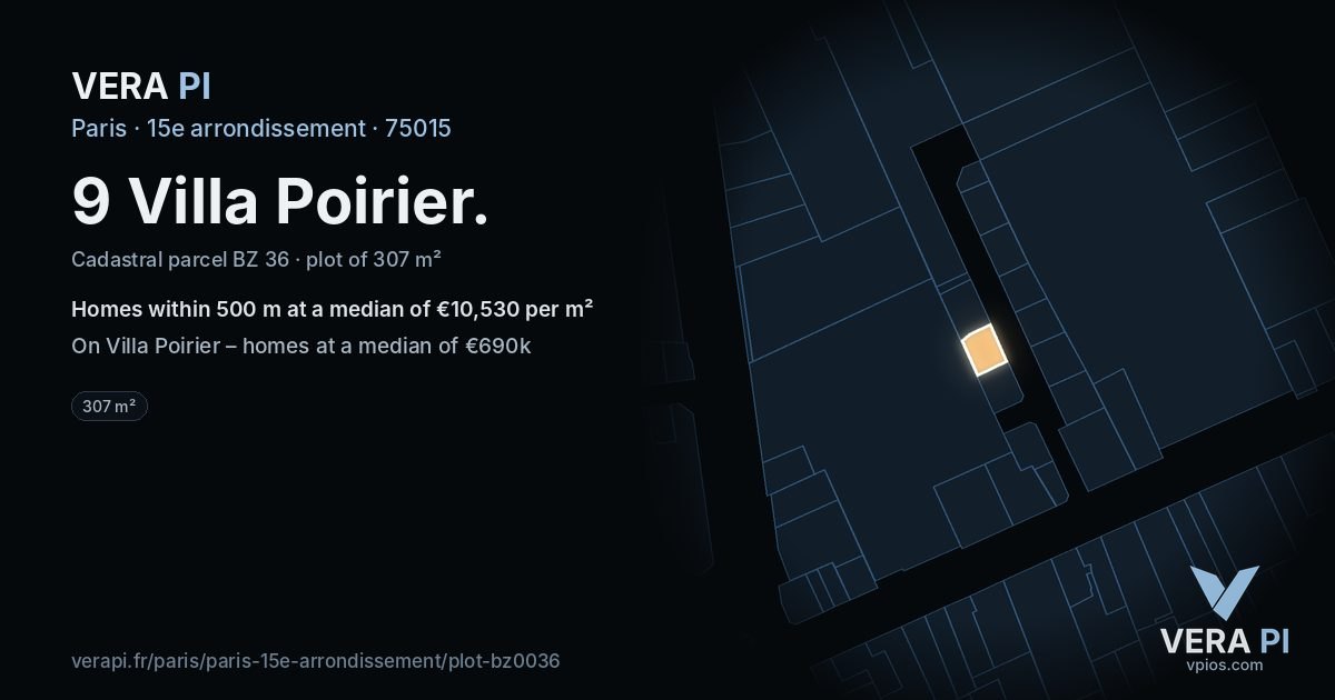 9 Villa Poirier, 15e arrondissement at night – the plot lit, the parcels around coloured by the prices near them