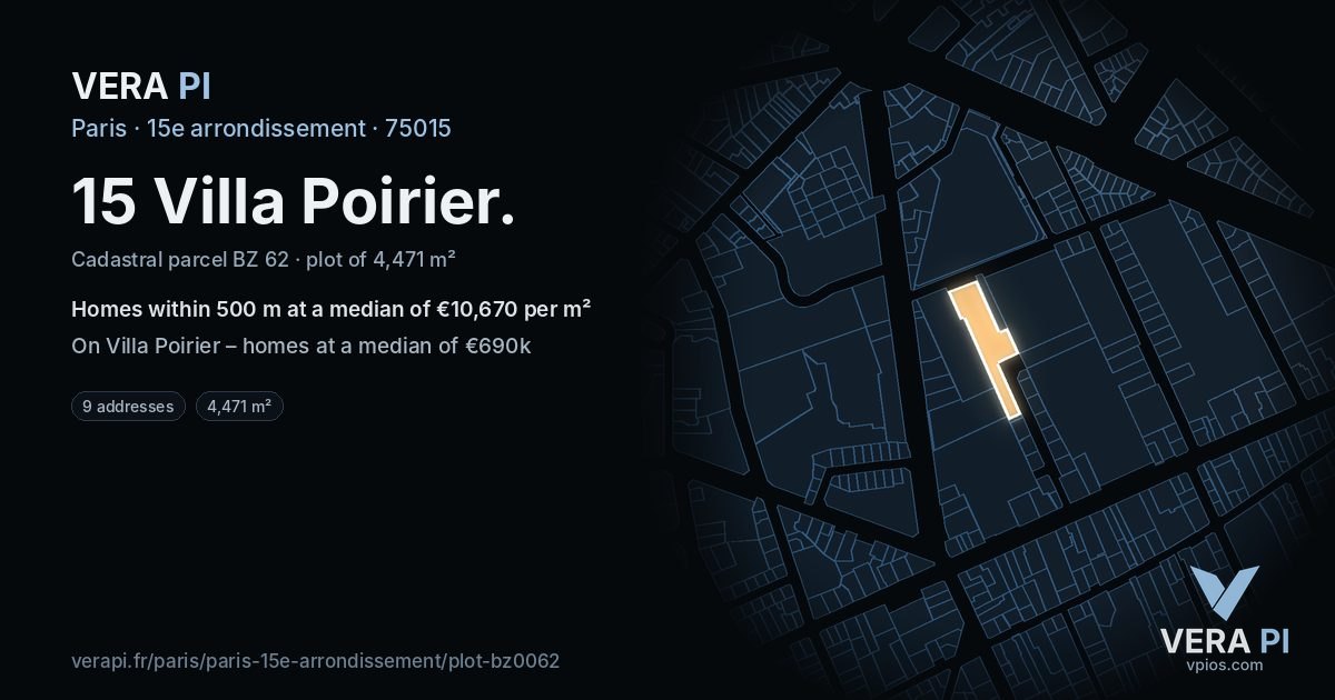 15 Villa Poirier, 15e arrondissement at night – the plot lit, the parcels around coloured by the prices near them