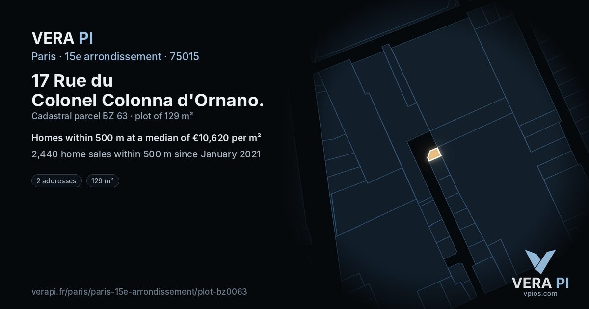 17 Rue du Colonel Colonna d'Ornano, 15e arrondissement at night – the plot lit, the parcels around coloured by the prices near them
