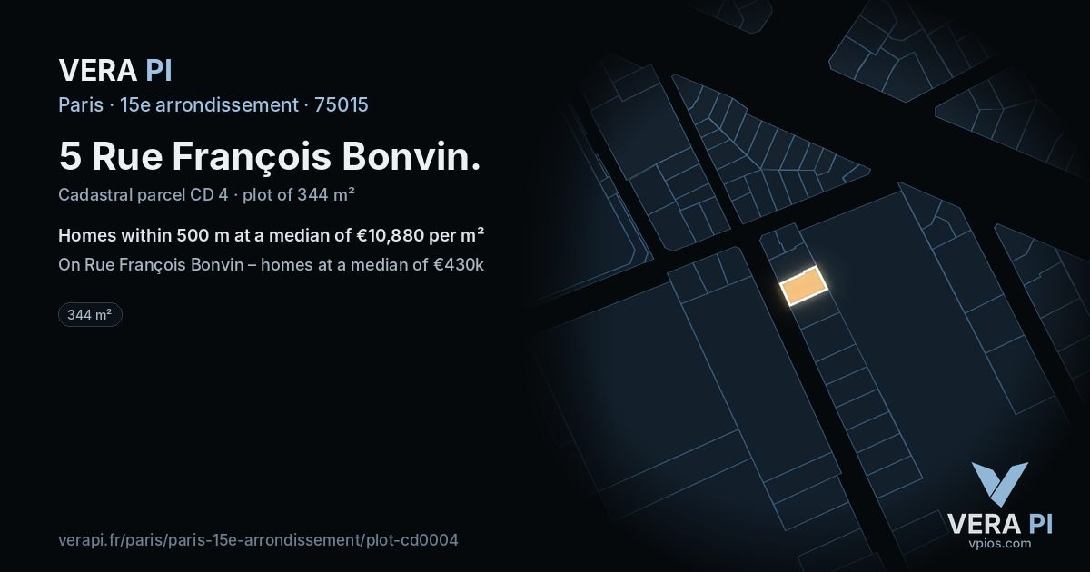 5 Rue François Bonvin, 15e arrondissement at night – the plot lit, the parcels around coloured by the prices near them