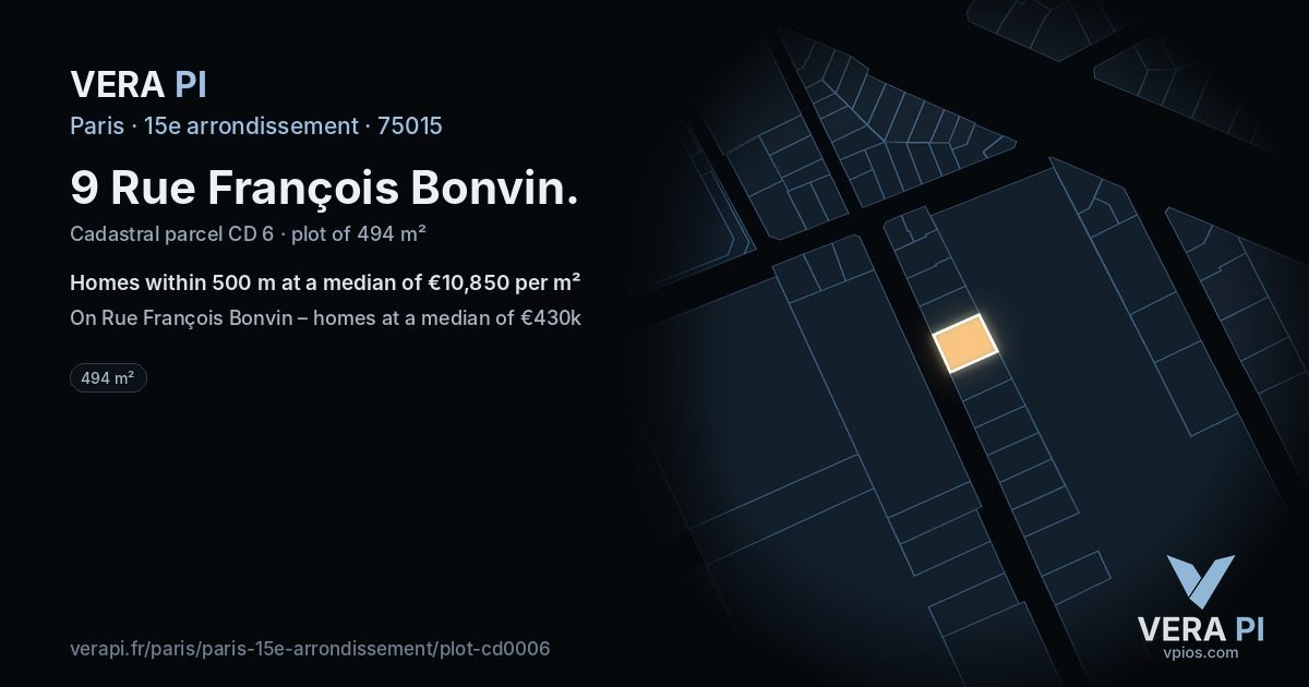 9 Rue François Bonvin, 15e arrondissement at night – the plot lit, the parcels around coloured by the prices near them