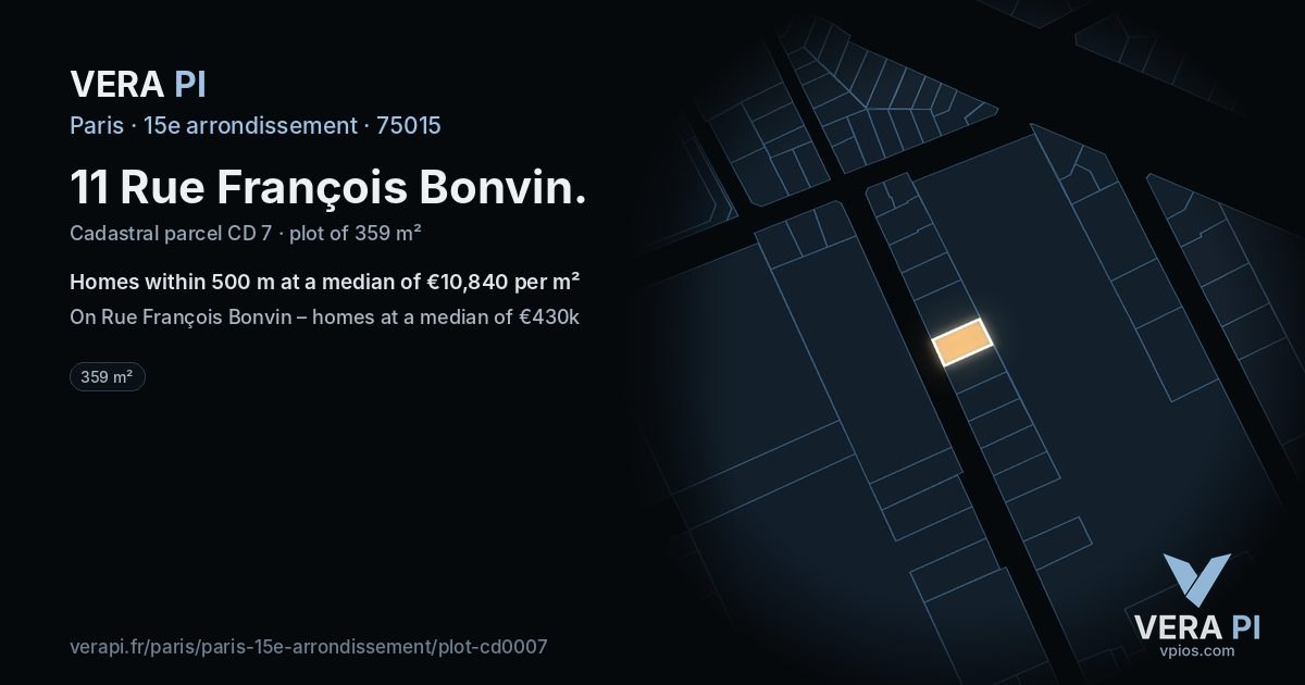 11 Rue François Bonvin, 15e arrondissement at night – the plot lit, the parcels around coloured by the prices near them