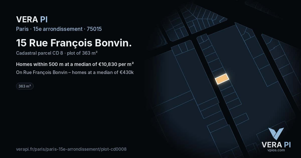 15 Rue François Bonvin, 15e arrondissement at night – the plot lit, the parcels around coloured by the prices near them