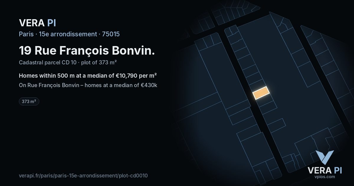 19 Rue François Bonvin, 15e arrondissement at night – the plot lit, the parcels around coloured by the prices near them