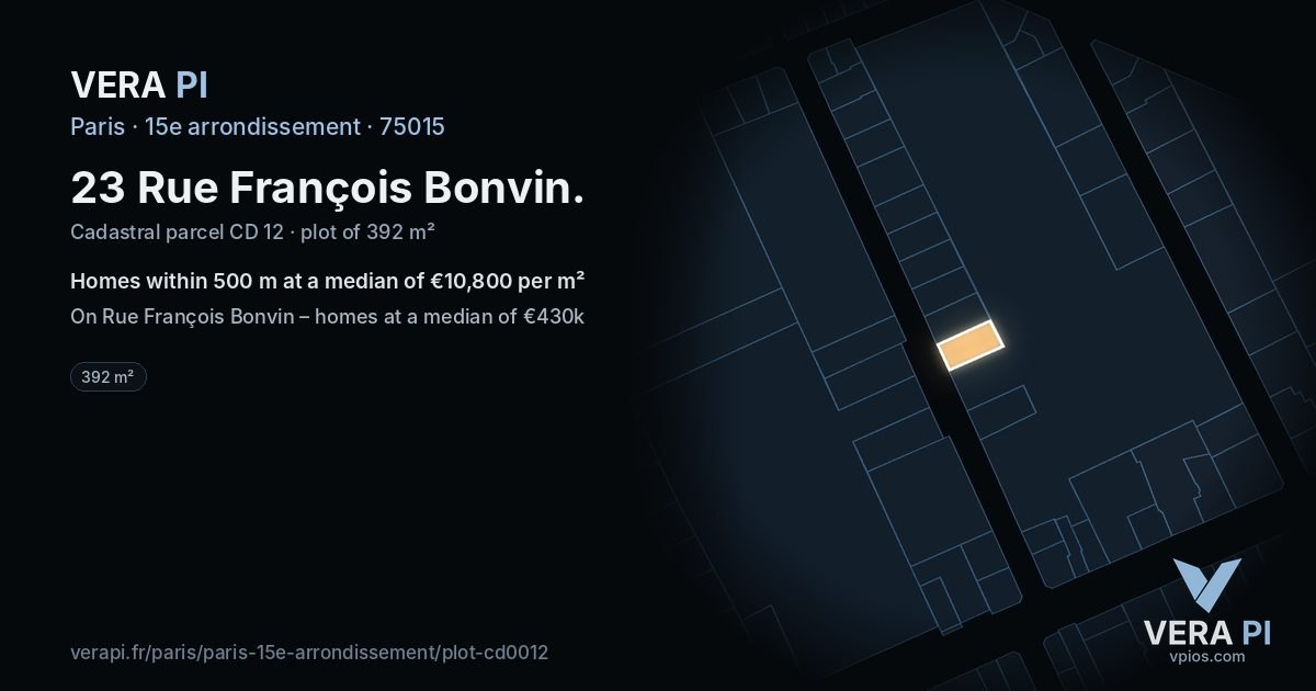 23 Rue François Bonvin, 15e arrondissement at night – the plot lit, the parcels around coloured by the prices near them