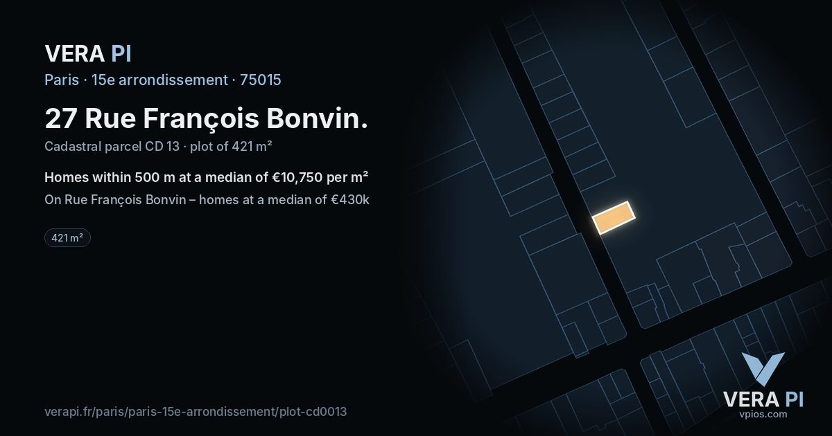27 Rue François Bonvin, 15e arrondissement at night – the plot lit, the parcels around coloured by the prices near them