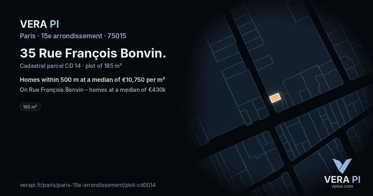 35 Rue François Bonvin, 15e arrondissement at night – the plot lit, the parcels around coloured by the prices near them