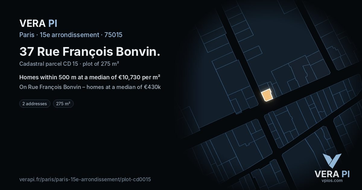 37 Rue François Bonvin, 15e arrondissement at night – the plot lit, the parcels around coloured by the prices near them