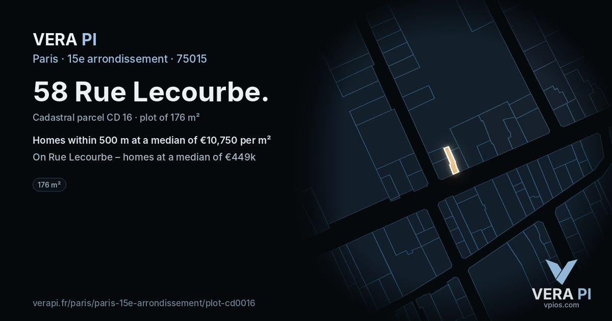 58 Rue Lecourbe, 15e arrondissement at night – the plot lit, the parcels around coloured by the prices near them