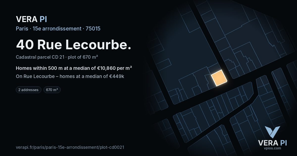 40 Rue Lecourbe, 15e arrondissement at night – the plot lit, the parcels around coloured by the prices near them