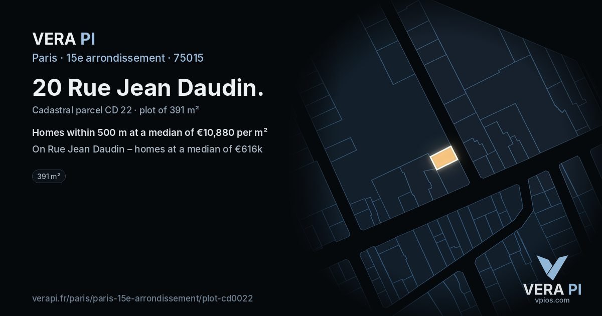 20 Rue Jean Daudin, 15e arrondissement at night – the plot lit, the parcels around coloured by the prices near them