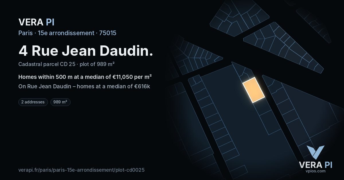 4 Rue Jean Daudin, 15e arrondissement at night – the plot lit, the parcels around coloured by the prices near them