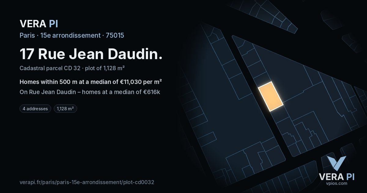 17 Rue Jean Daudin, 15e arrondissement at night – the plot lit, the parcels around coloured by the prices near them