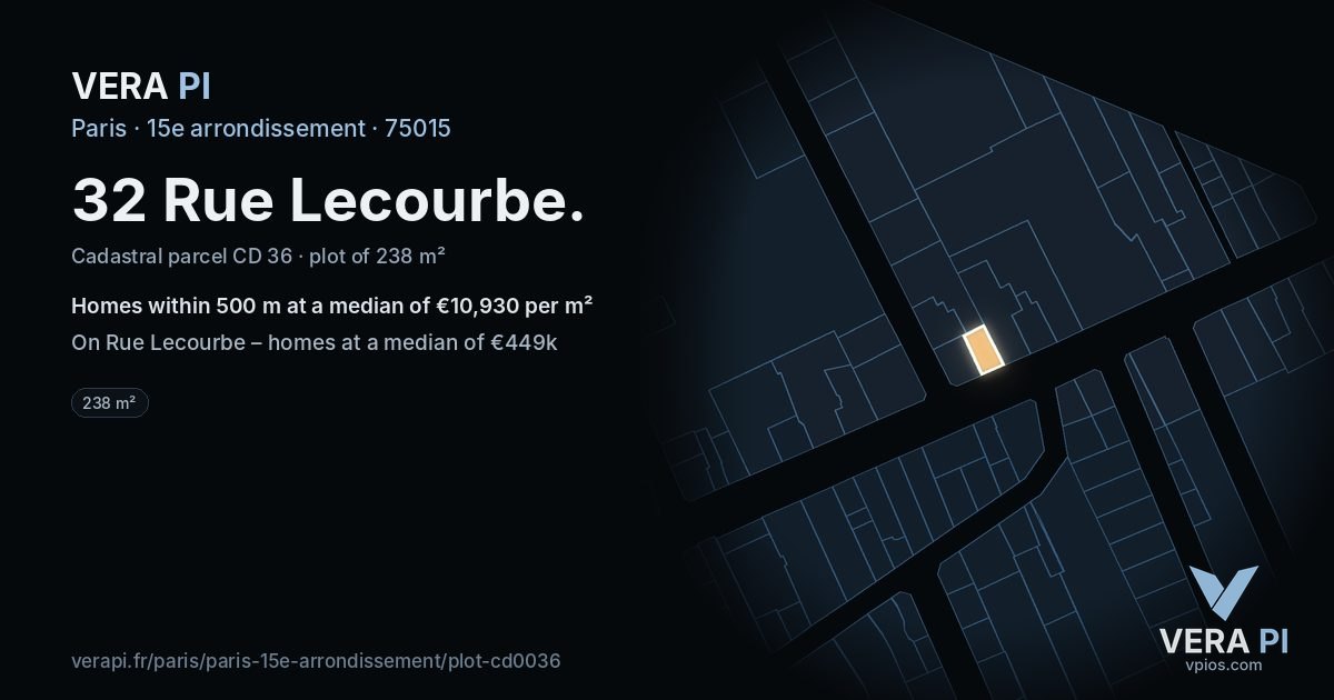 32 Rue Lecourbe, 15e arrondissement at night – the plot lit, the parcels around coloured by the prices near them