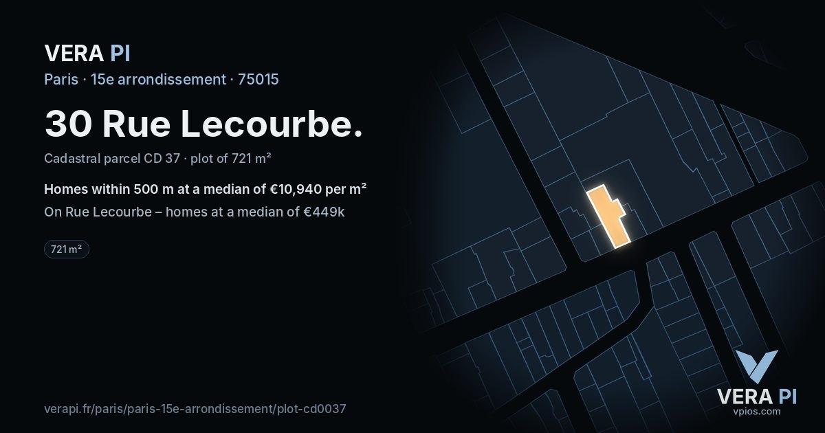 30 Rue Lecourbe, 15e arrondissement at night – the plot lit, the parcels around coloured by the prices near them