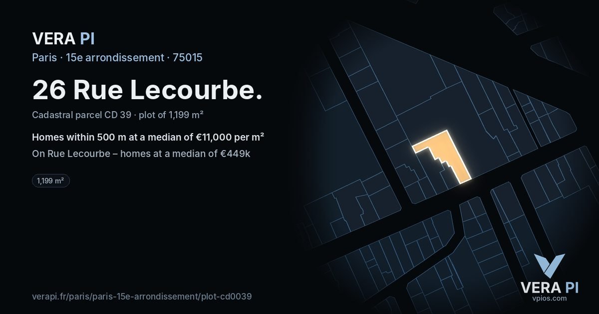 26 Rue Lecourbe, 15e arrondissement at night – the plot lit, the parcels around coloured by the prices near them
