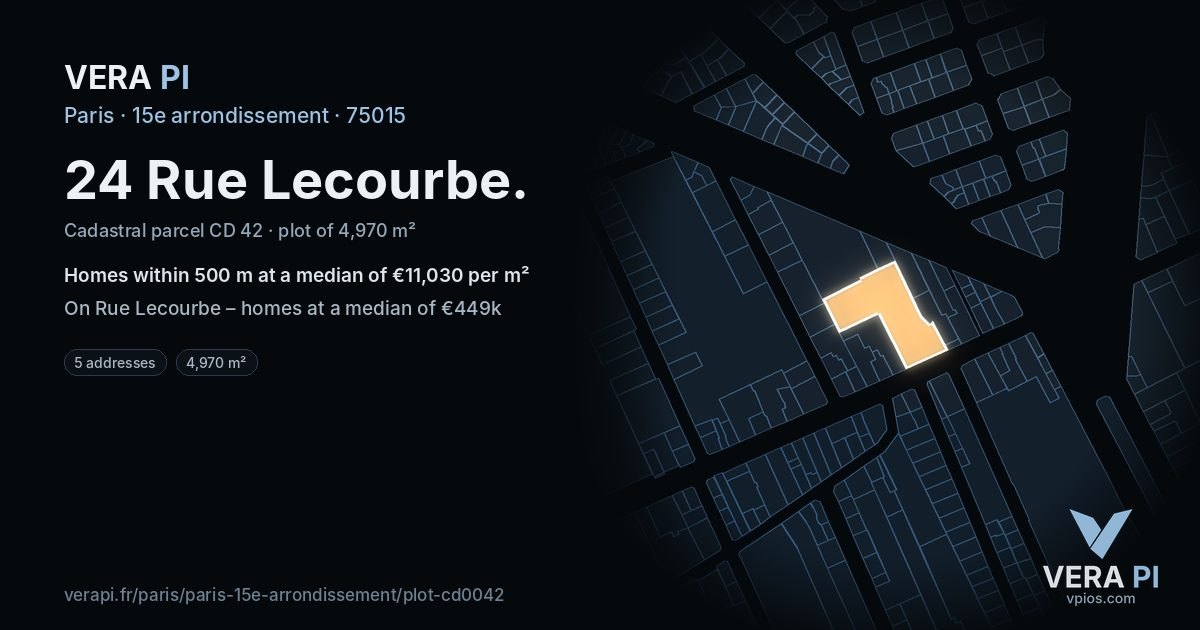 24 Rue Lecourbe, 15e arrondissement at night – the plot lit, the parcels around coloured by the prices near them