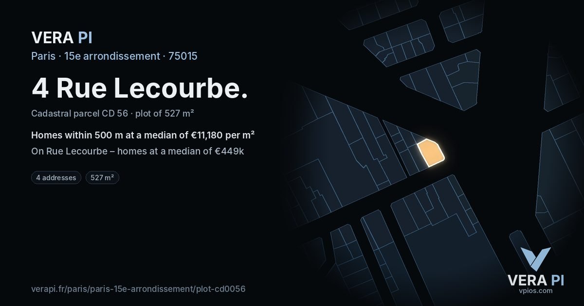 4 Rue Lecourbe, 15e arrondissement at night – the plot lit, the parcels around coloured by the prices near them