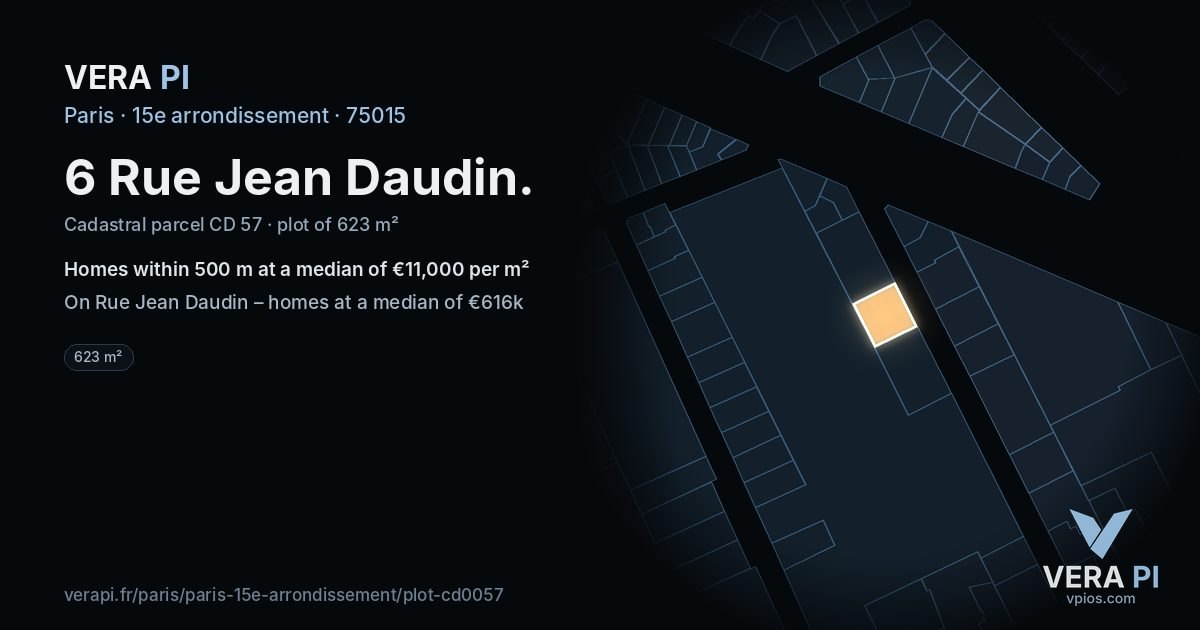 6 Rue Jean Daudin, 15e arrondissement at night – the plot lit, the parcels around coloured by the prices near them