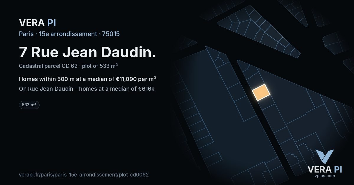 7 Rue Jean Daudin, 15e arrondissement at night – the plot lit, the parcels around coloured by the prices near them