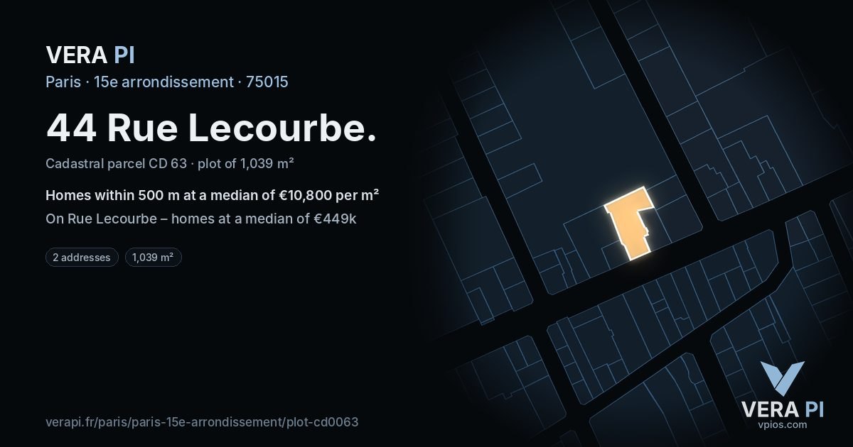 44 Rue Lecourbe, 15e arrondissement at night – the plot lit, the parcels around coloured by the prices near them