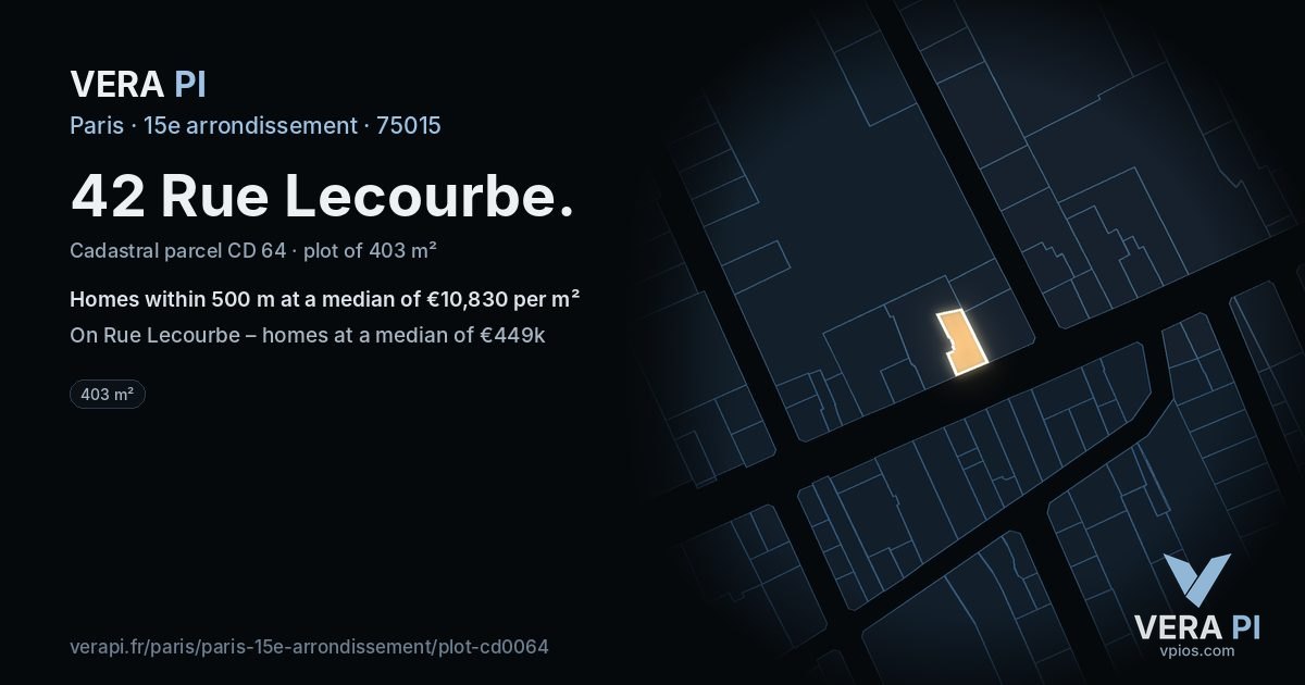 42 Rue Lecourbe, 15e arrondissement at night – the plot lit, the parcels around coloured by the prices near them