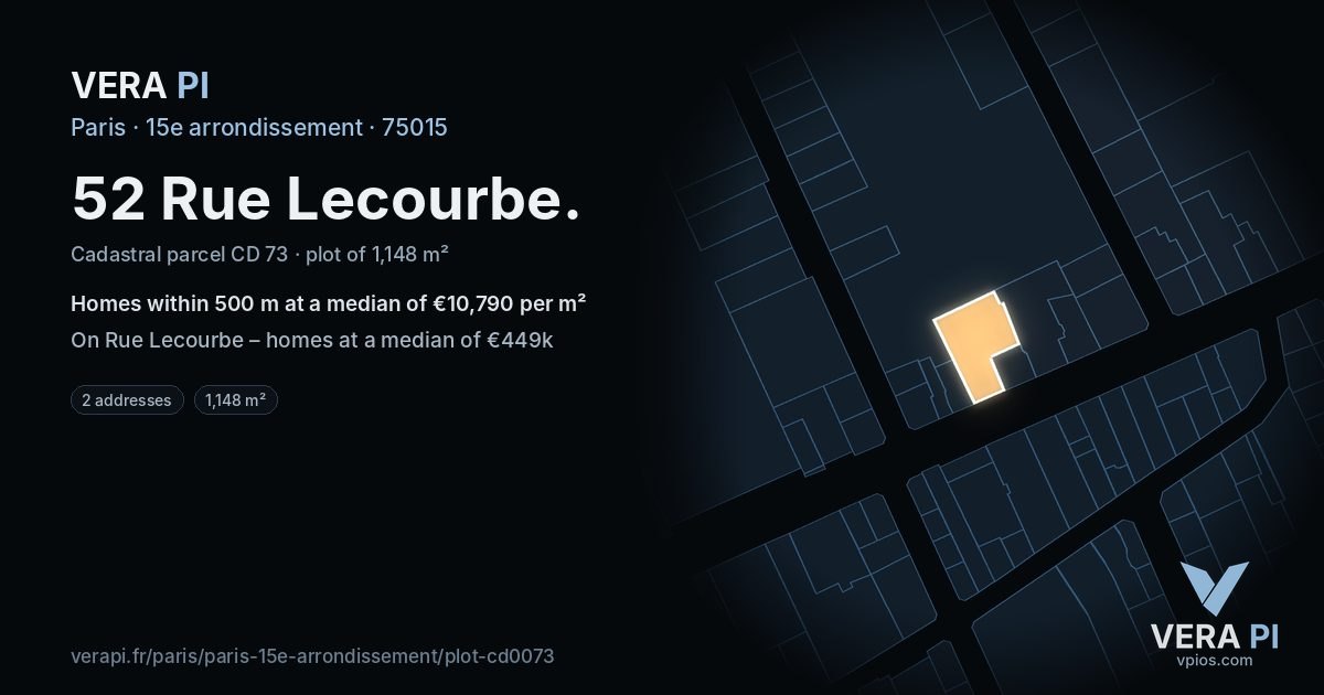 52 Rue Lecourbe, 15e arrondissement at night – the plot lit, the parcels around coloured by the prices near them