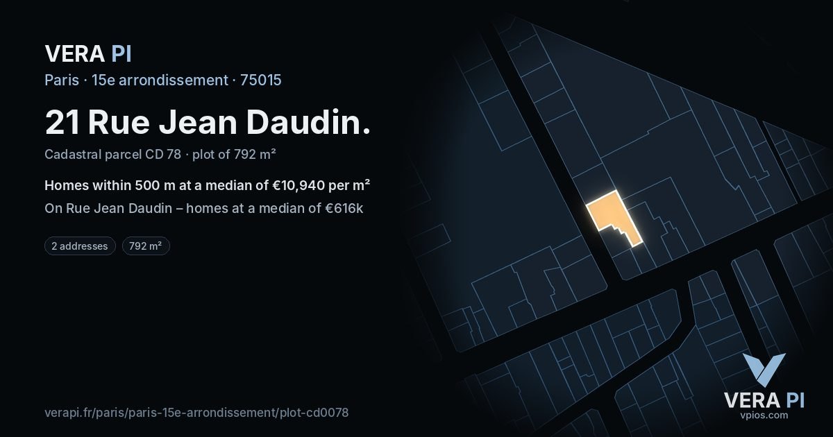 21 Rue Jean Daudin, 15e arrondissement at night – the plot lit, the parcels around coloured by the prices near them
