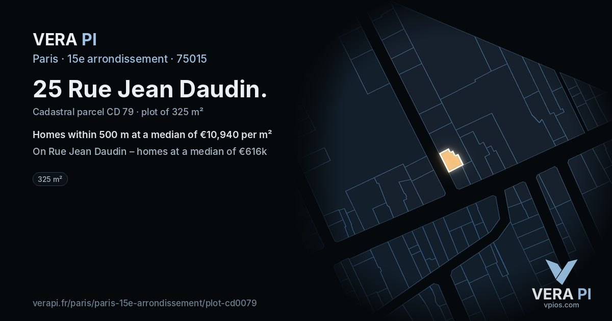 25 Rue Jean Daudin, 15e arrondissement at night – the plot lit, the parcels around coloured by the prices near them