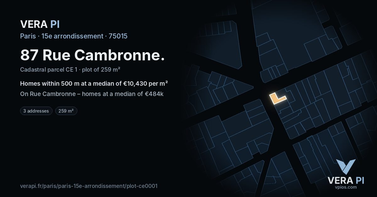 87 Rue Cambronne, 15e arrondissement at night – the plot lit, the parcels around coloured by the prices near them