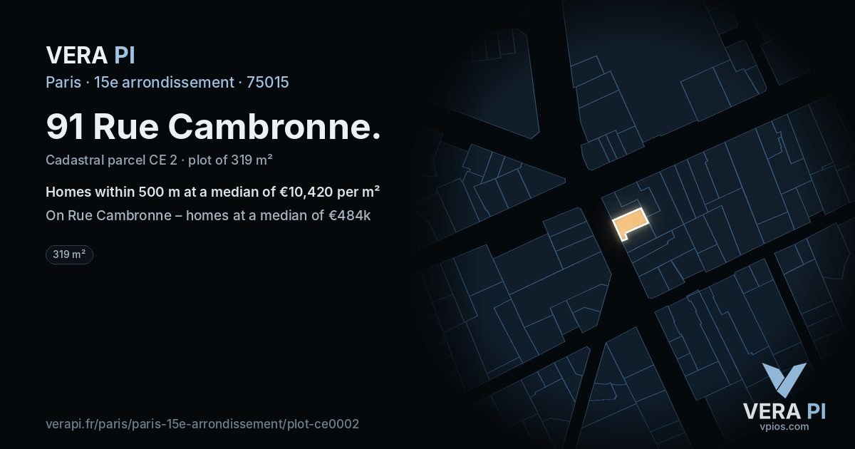 91 Rue Cambronne, 15e arrondissement at night – the plot lit, the parcels around coloured by the prices near them