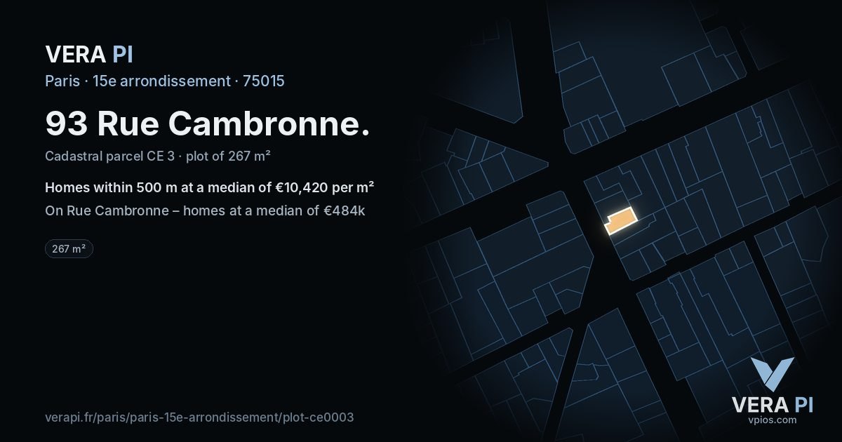 93 Rue Cambronne, 15e arrondissement at night – the plot lit, the parcels around coloured by the prices near them